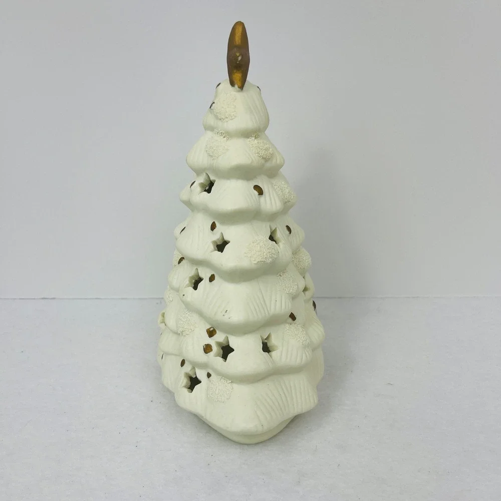 White Ceramic Christmas Tree Tea Light Holder Gold Star Cutouts Holiday Decor 8